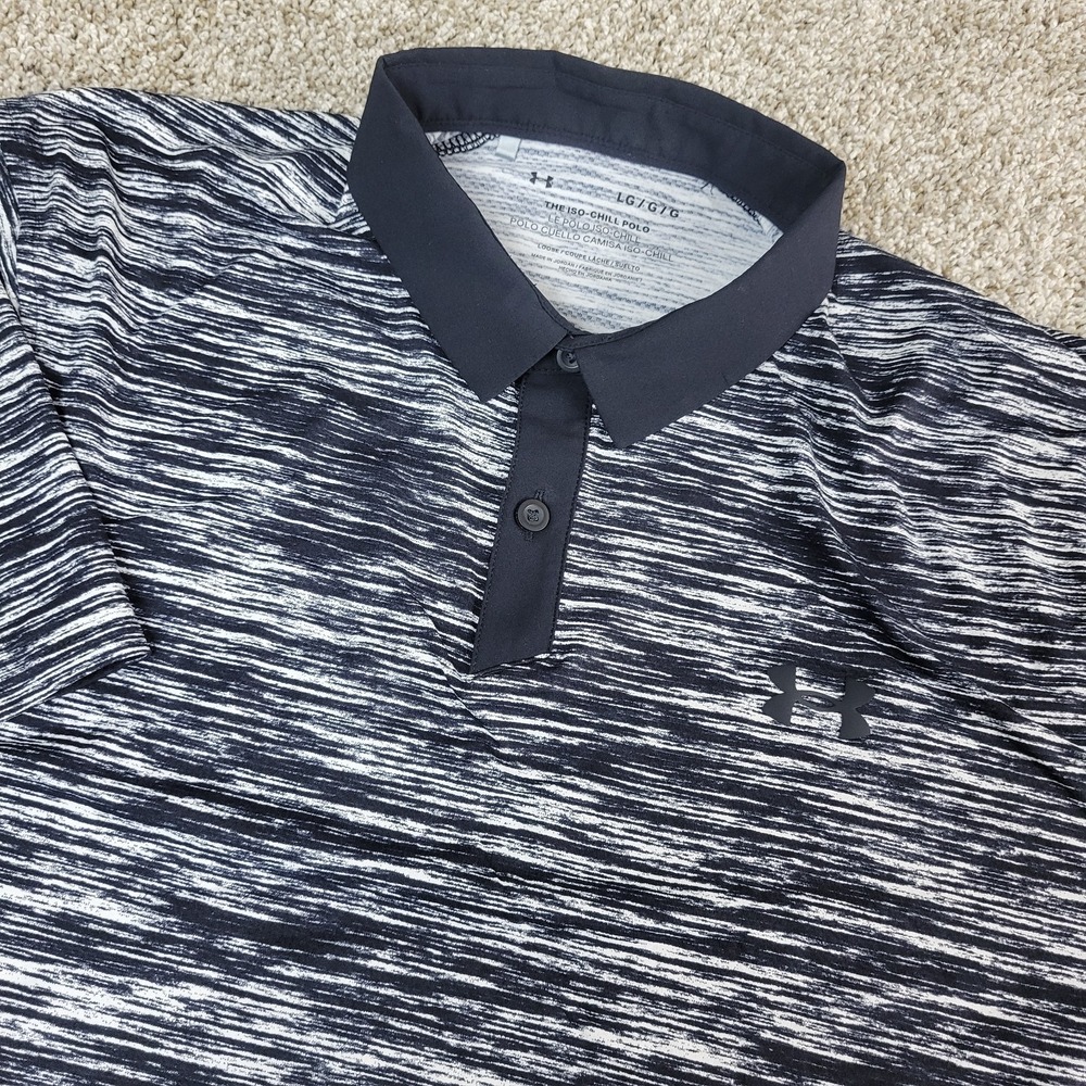 Under Armour Iso Chill Mens Large Black White Static Striped Performance Polo